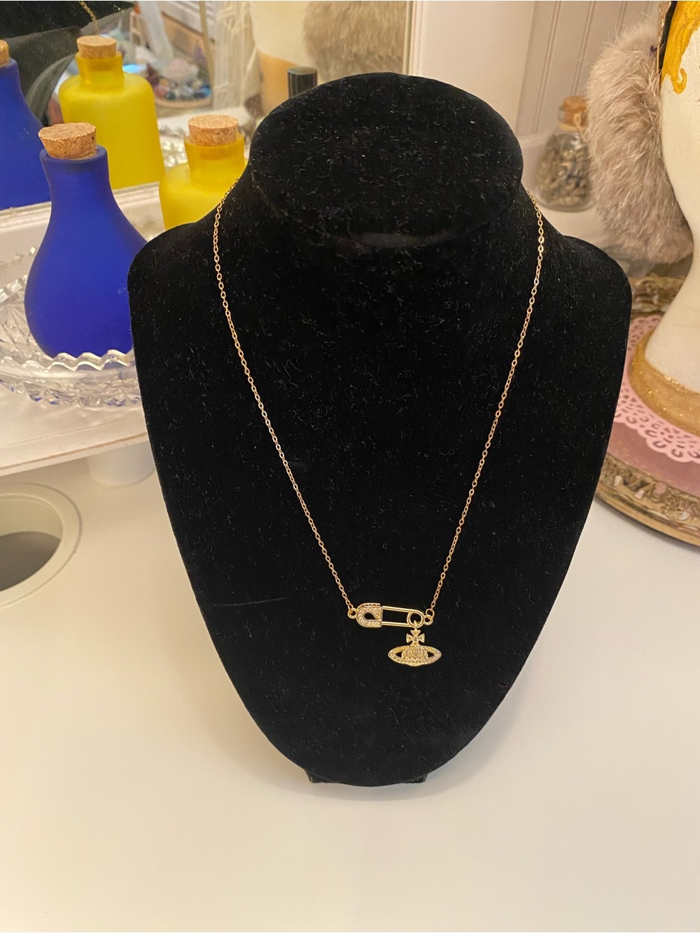Gold Saturn Safety Pin Necklace